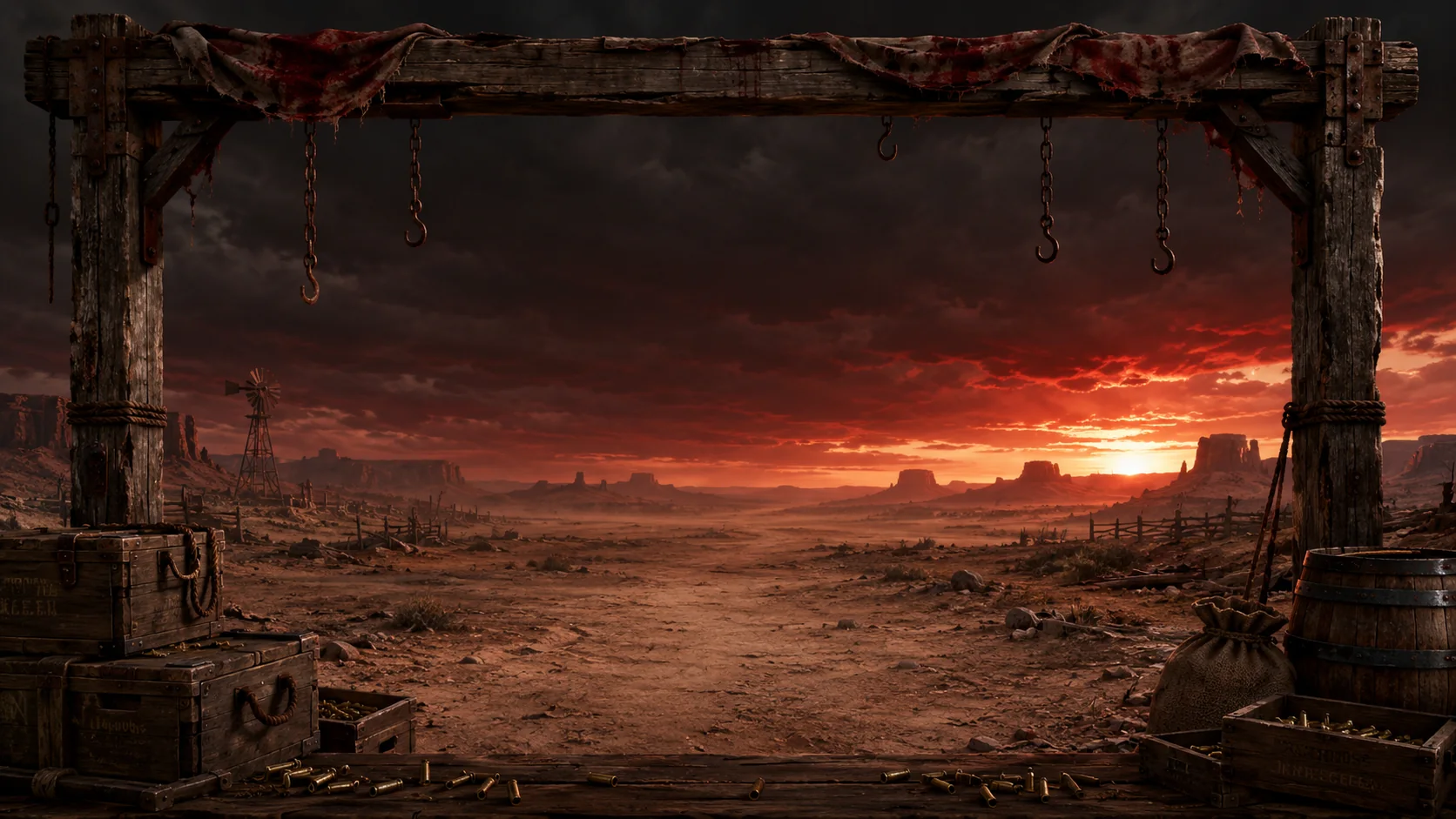 Deadeye — a Wild West shooting range at sunset, targets strung from a gallows beam.